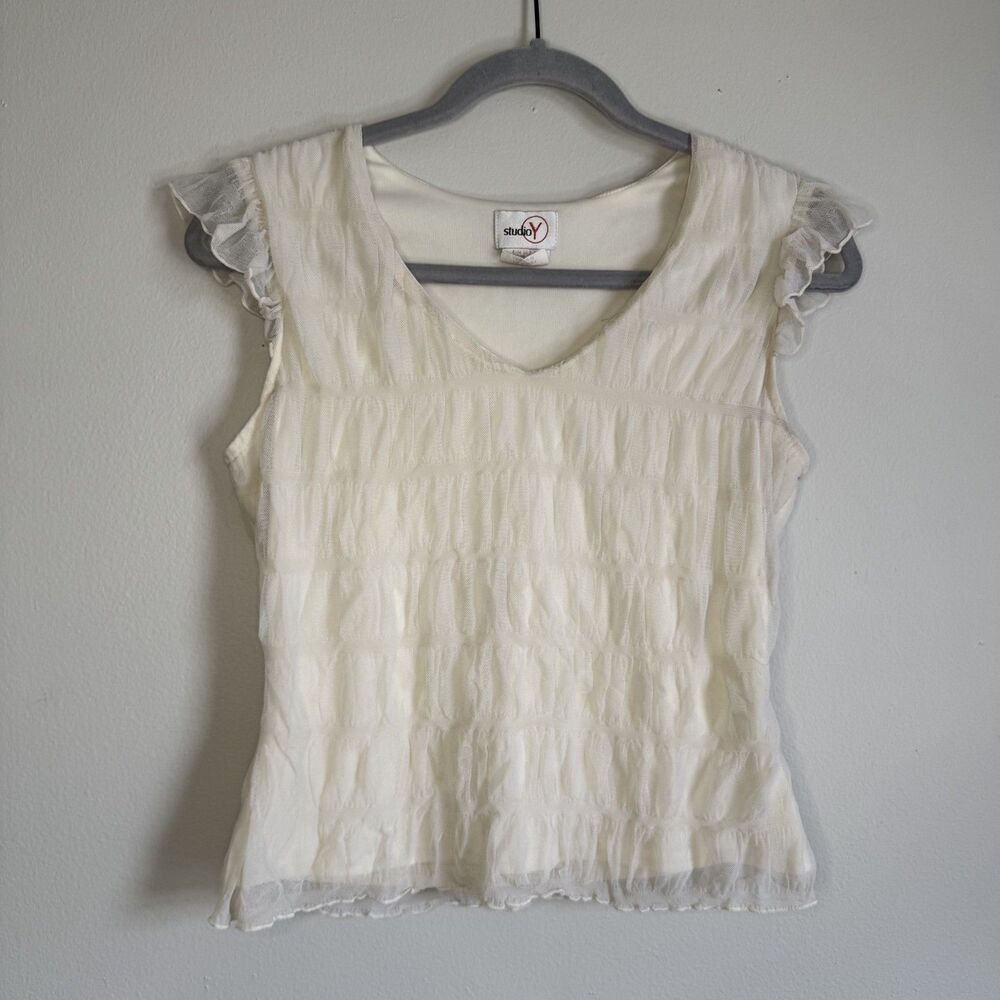 Y2K White Ruched Top Flutter Sleeve Womens Medium Studio Y Fairycore Boho Whimsy